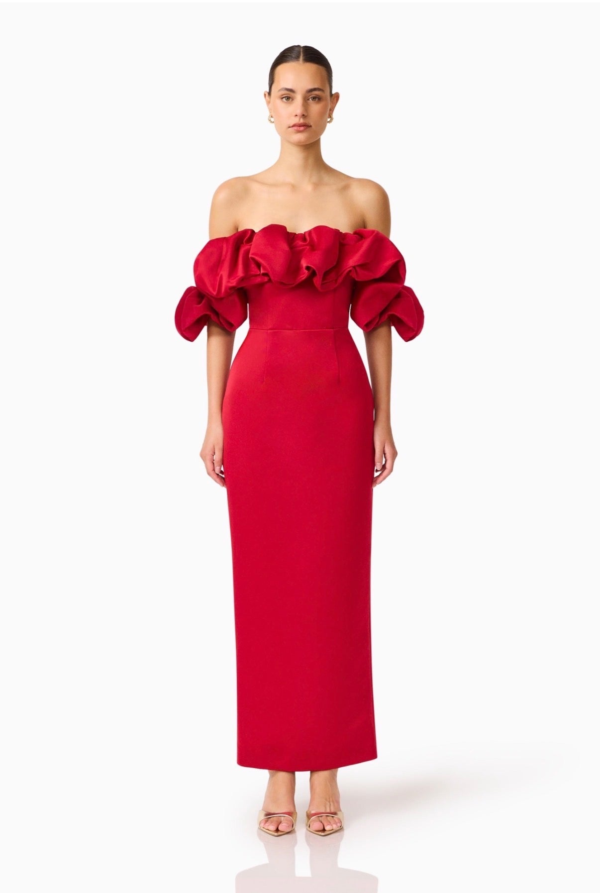 LUCETTA OFF SHOULDER COLUMN GOWN IN RED