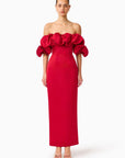 LUCETTA OFF SHOULDER COLUMN GOWN IN RED