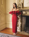LUCETTA OFF SHOULDER COLUMN GOWN IN RED