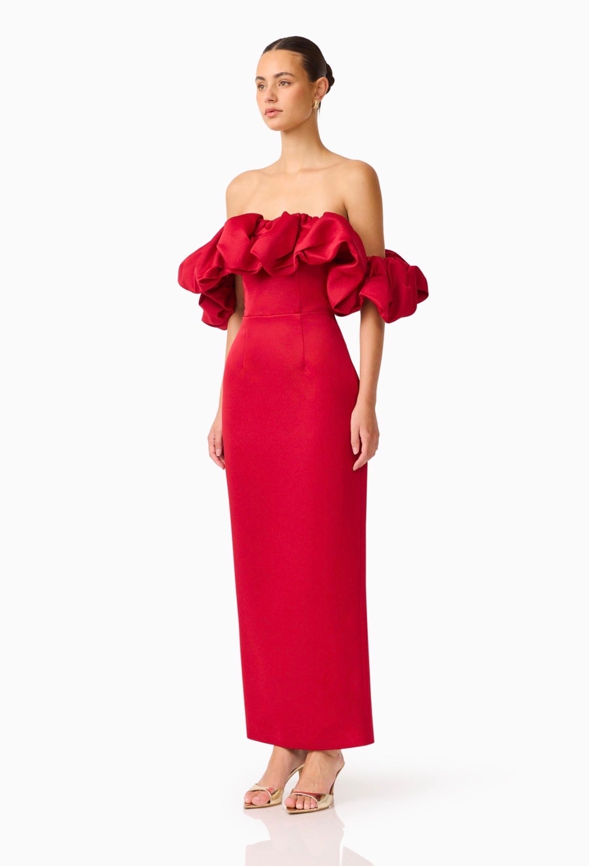 LUCETTA OFF SHOULDER COLUMN GOWN IN RED
