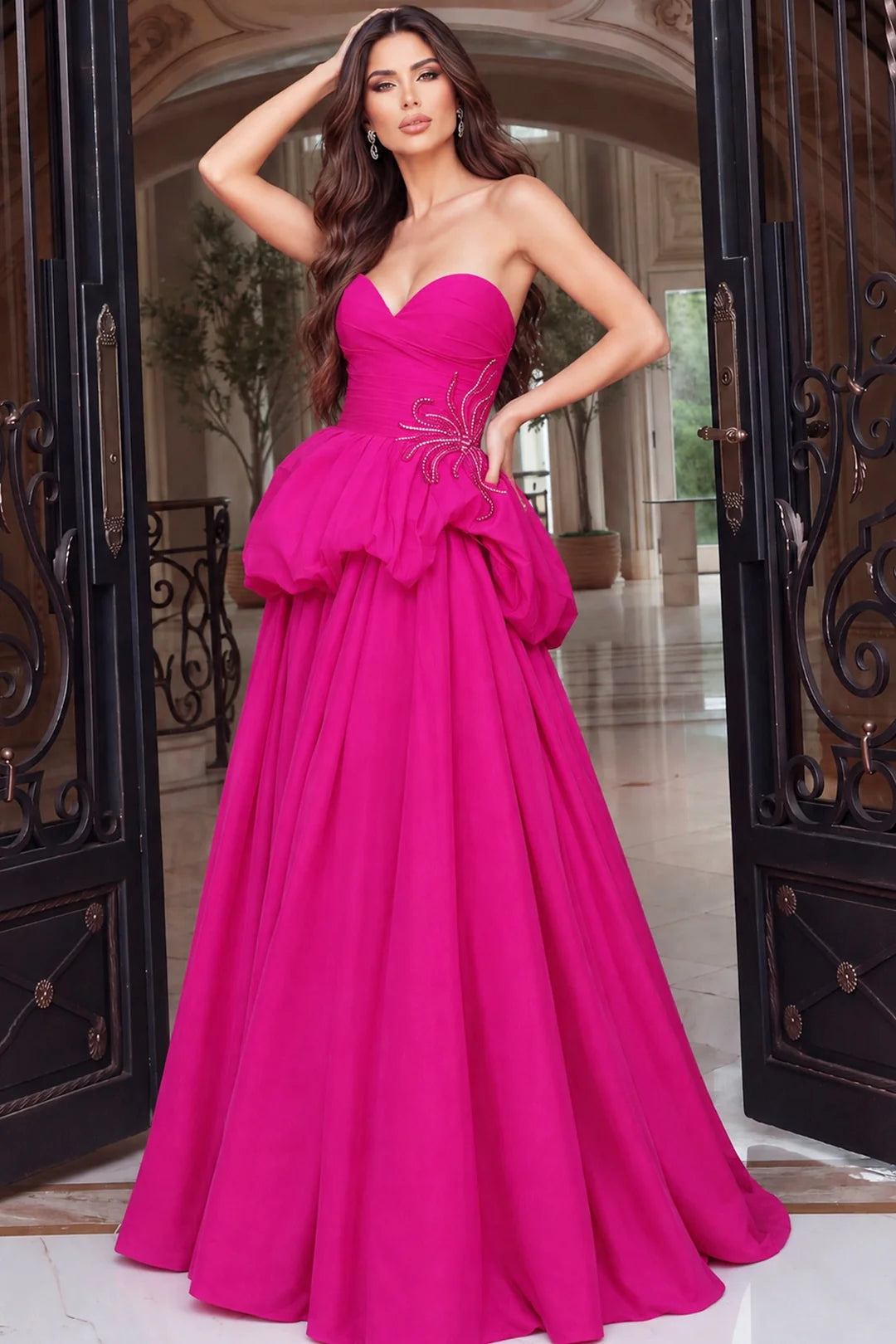 Jovani 53141 Bubble Peplum Fuchsia Satin Dress
