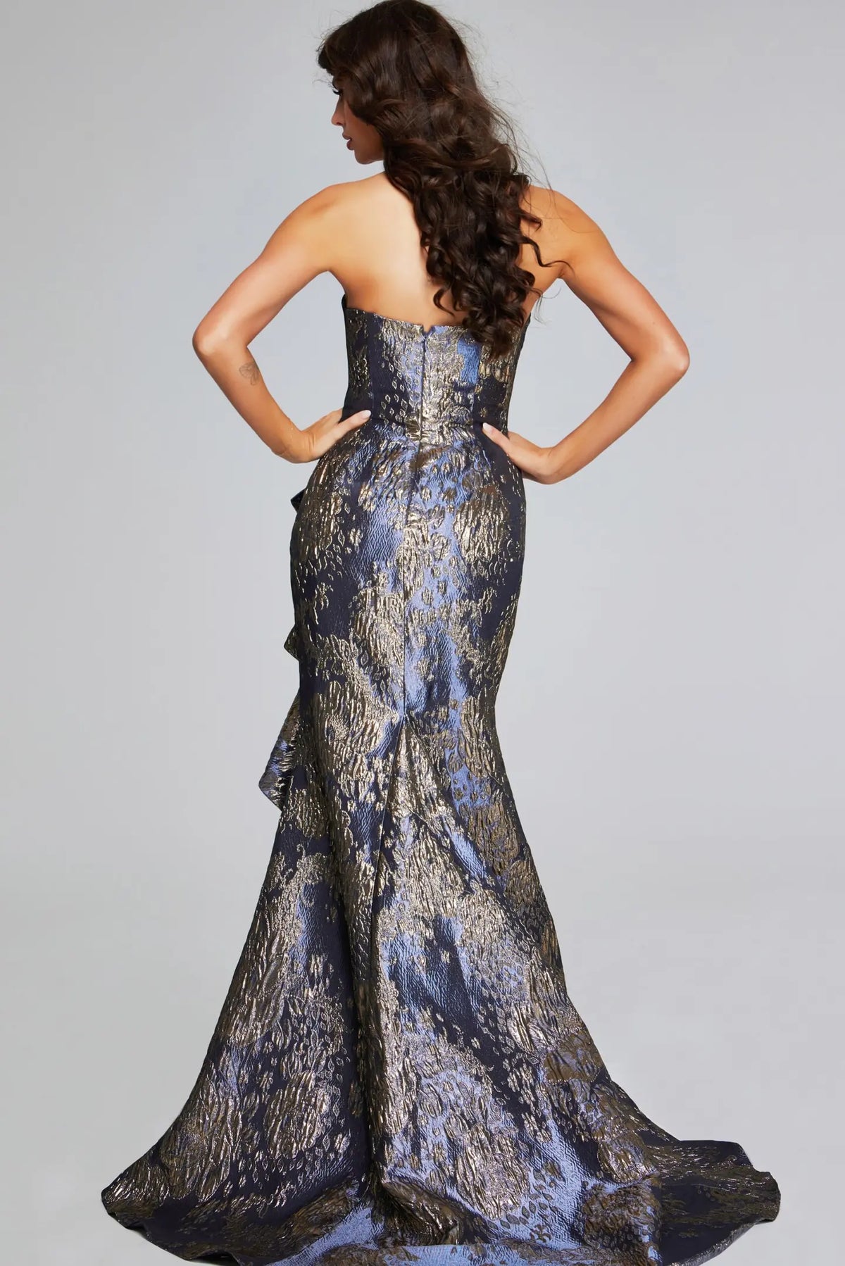 Strapless Draped Metallic Brocade Gown 53352