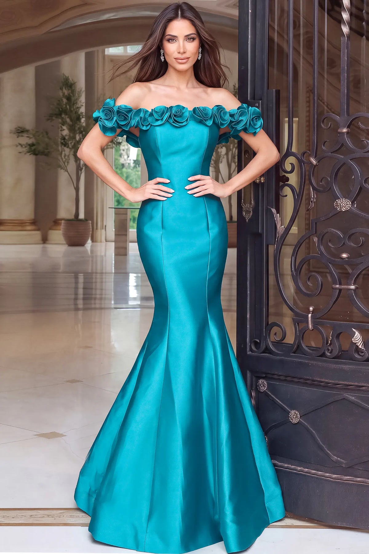 Teal Off-Shoulder Rosettes Mermaid Gown 53638
