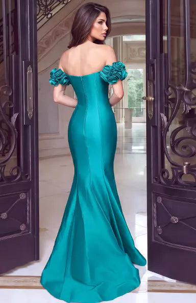 Teal Off-Shoulder Rosettes Mermaid Gown 53638
