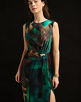 Abstract Print Satin Sheath Dress Style 264202
