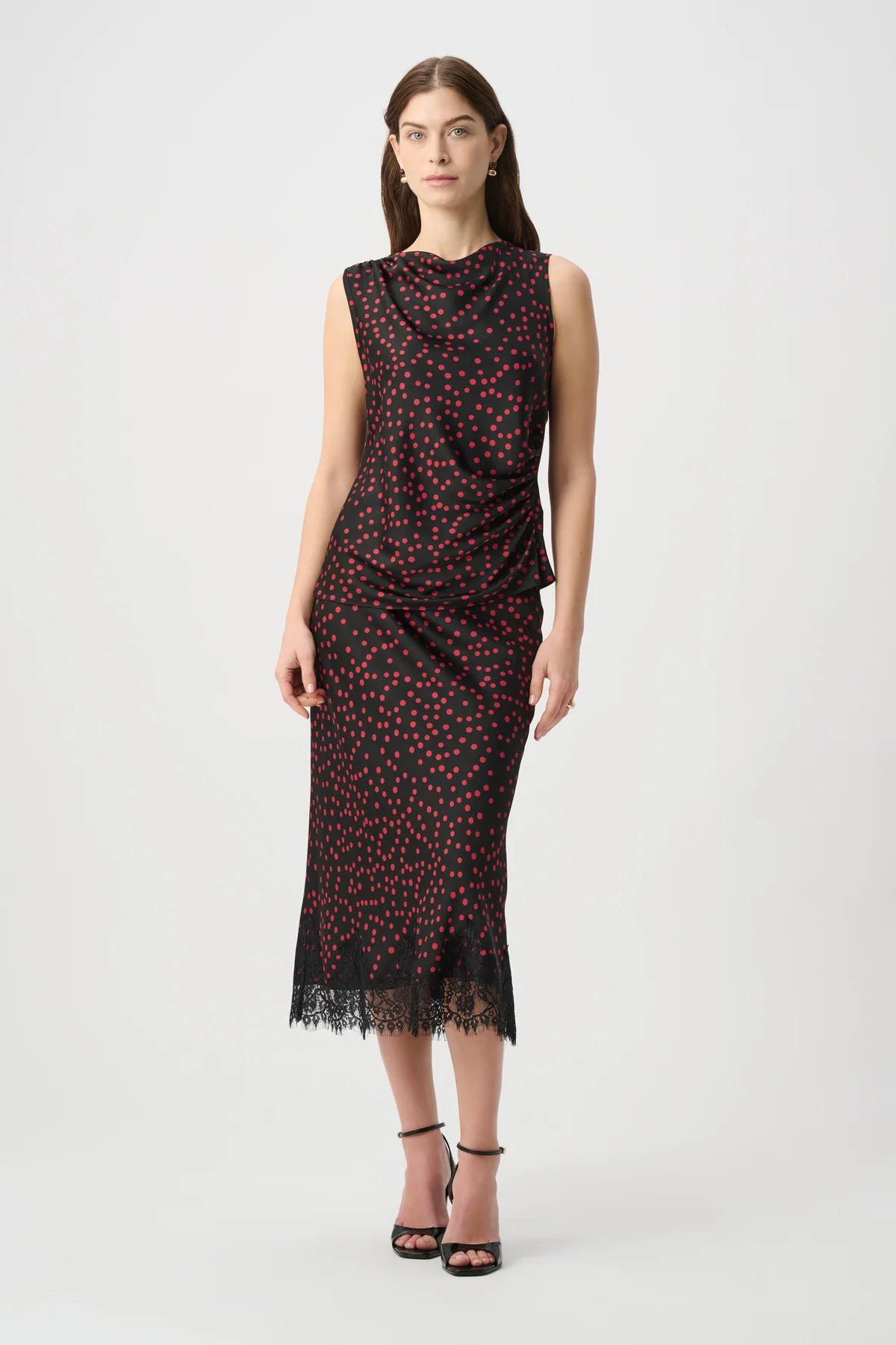 Joseph Ribkoff | Polka Dot Recycled Satin Top - Black/Deep Cherry 264117 Polka Dot Pencil Skirt Style 264118AU$ 260