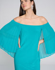 silky knit sheath dress with chiffon pleated cape Ocean Blue