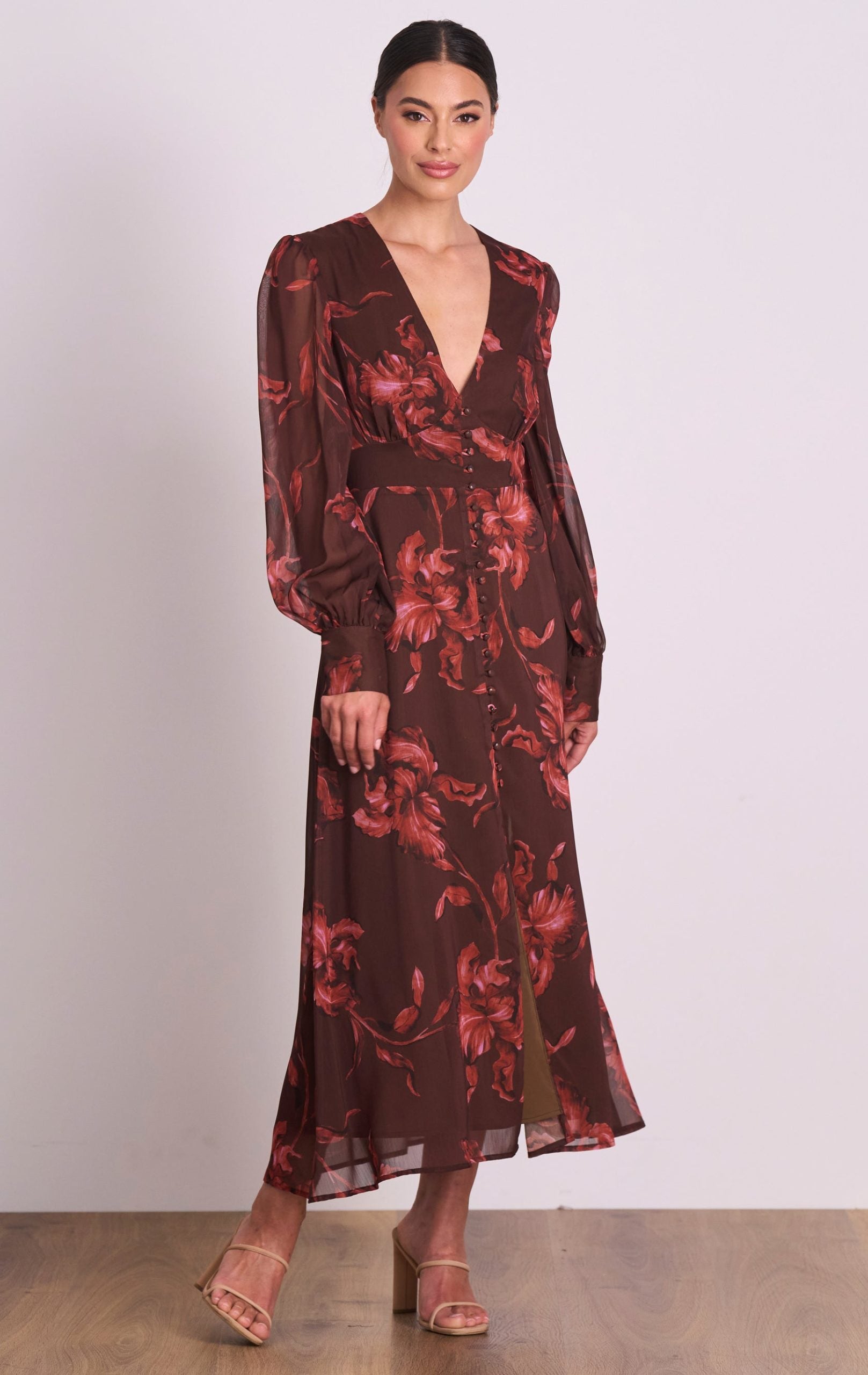 Nightfall Long Sleeve Floral Print Button Midi Dress